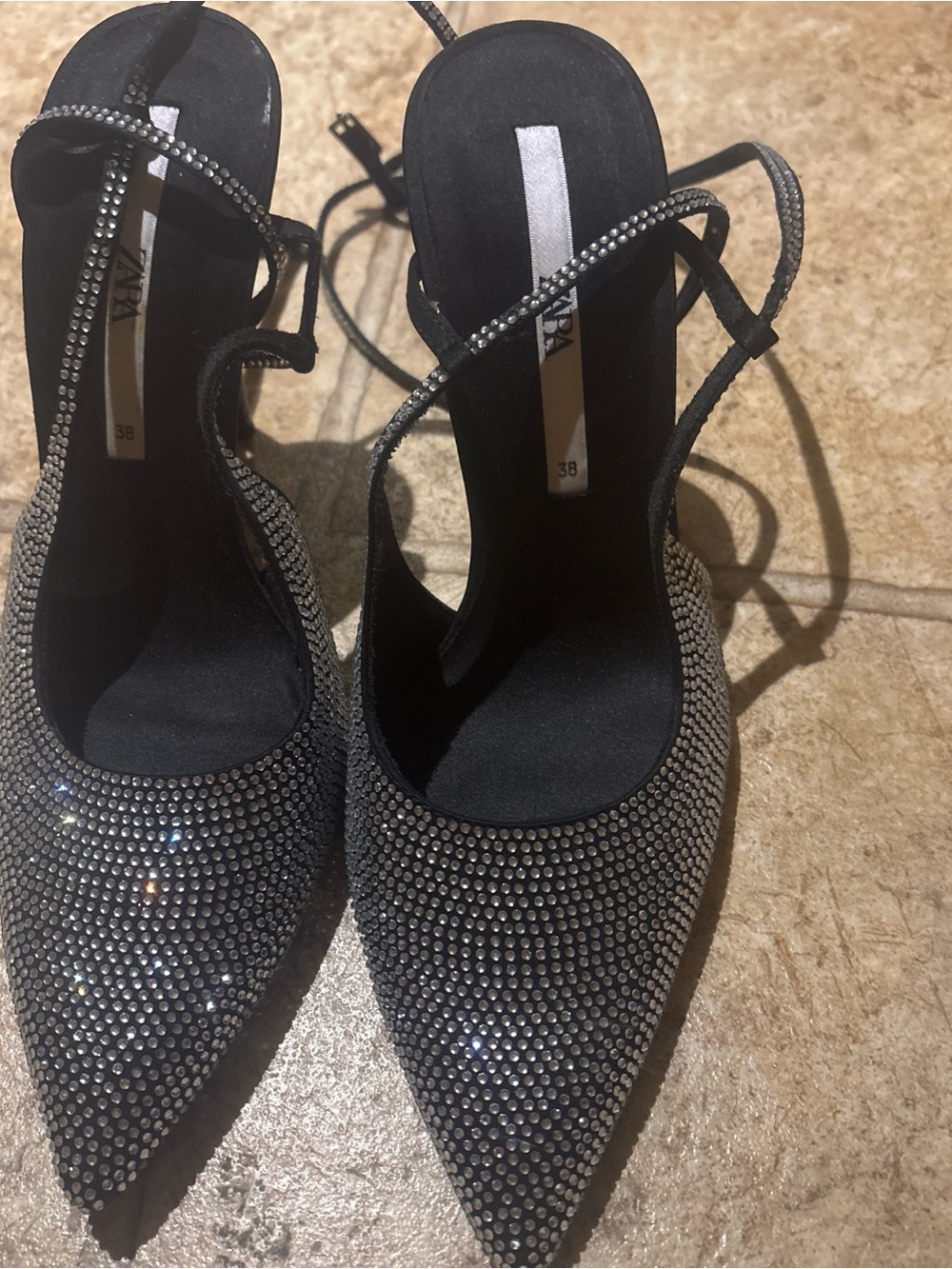 Zara Black Crystal-Studded Pointed Toe Ankle-Strap Heels 4 inches